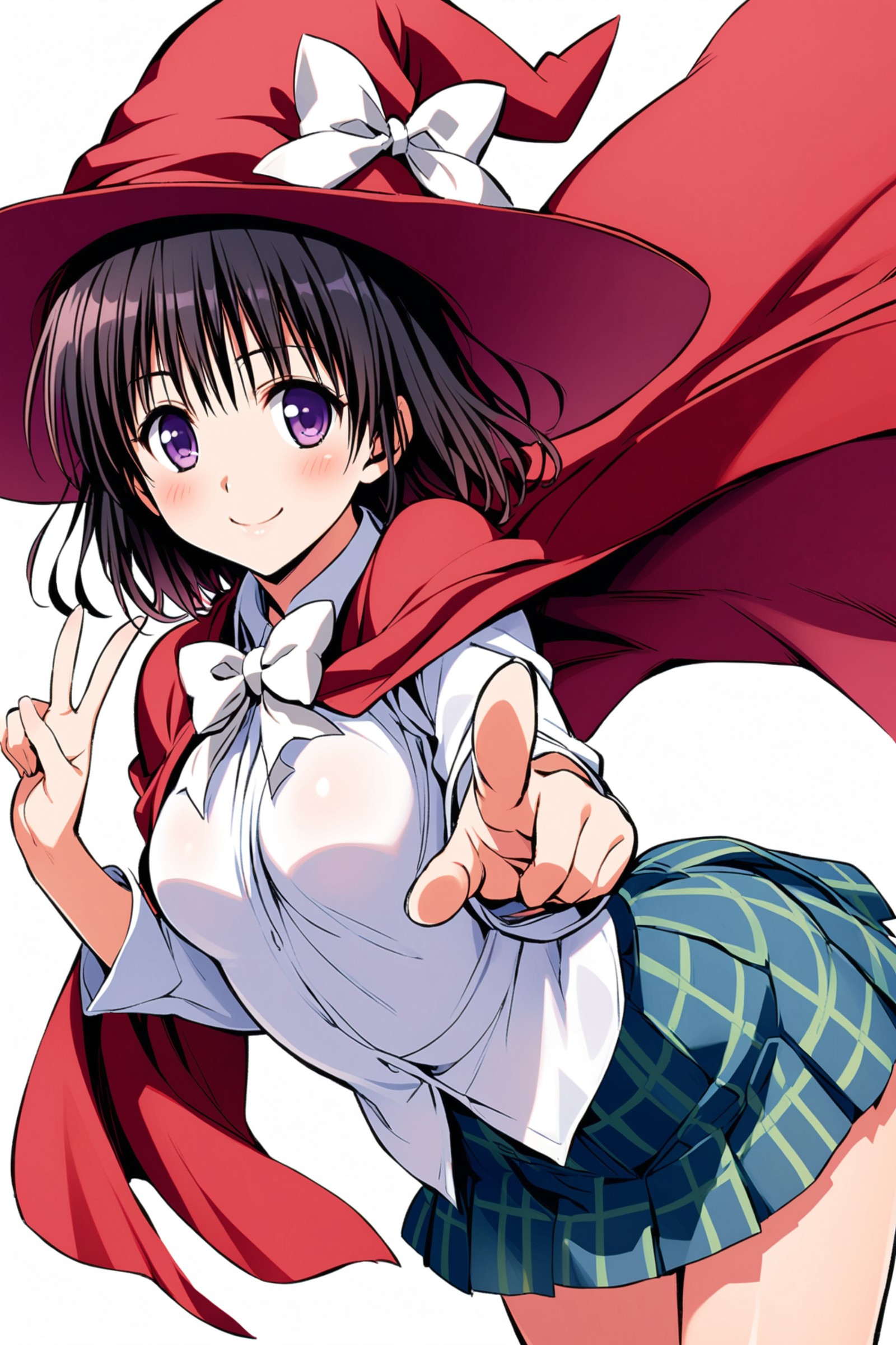Kirizaki Kyoko,1girl,solo,red hat,black hair,skirt,blue skirt,purple eyes,witch hat,red cape,smile,looking at viewer,short...